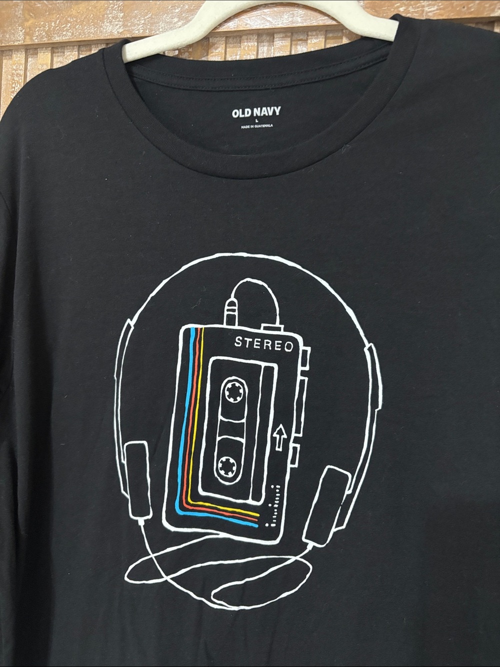 Old Navy Black Tee with Retro Cassette & Color Stripe Graphic